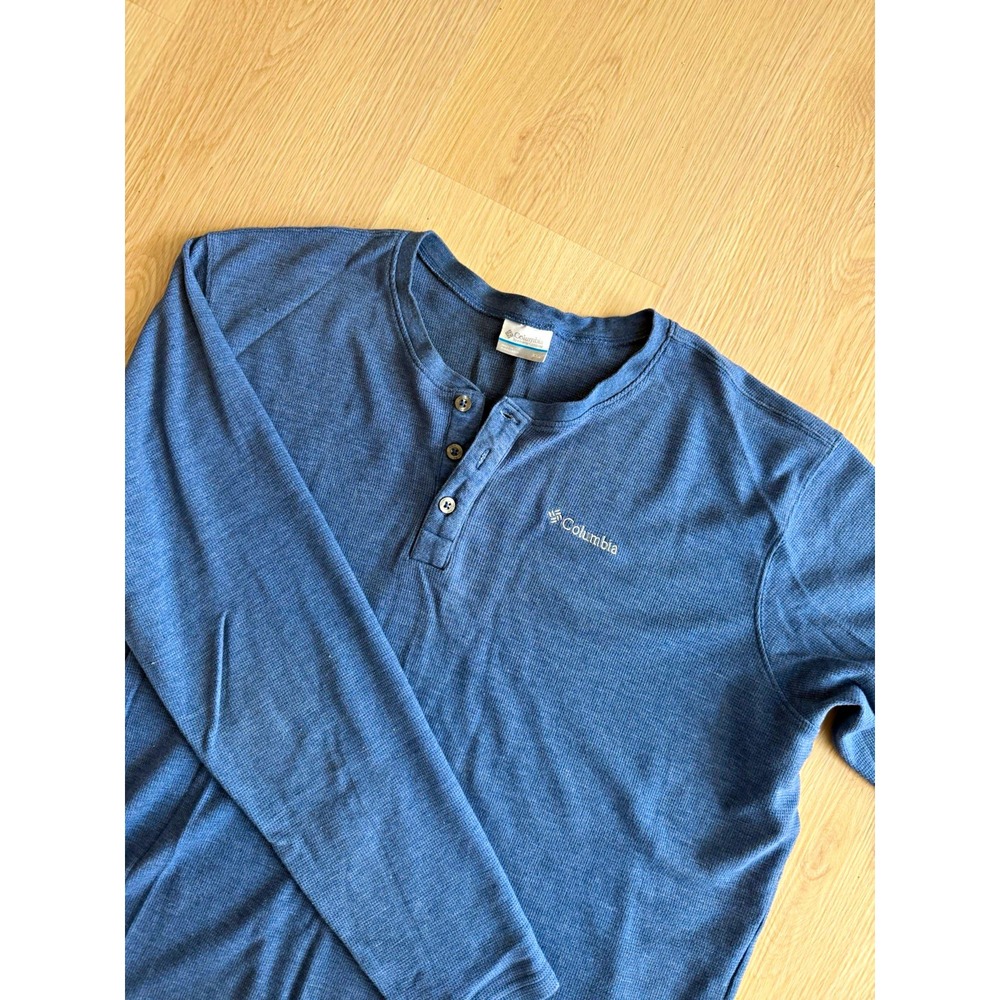 Columbia Men's XXL Blue Solid Knit Long Sleeve Henley T-Shirt Logo Buttons